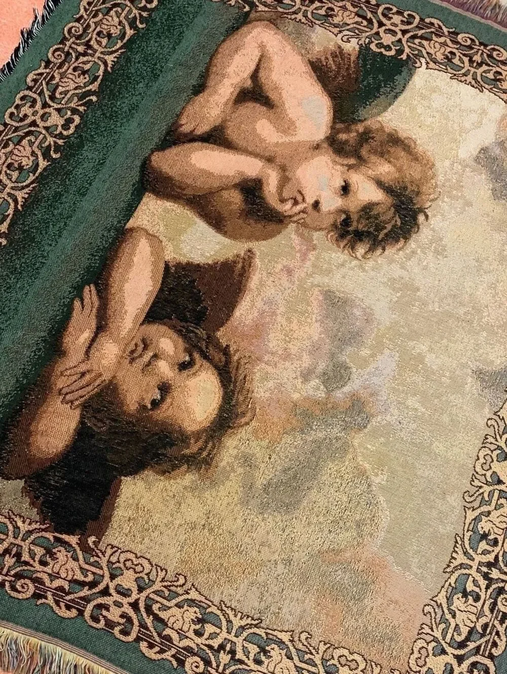 Vintage Renaissance Cherubs Woven Tapestry Throw Blanket Fringe Raphael Angels